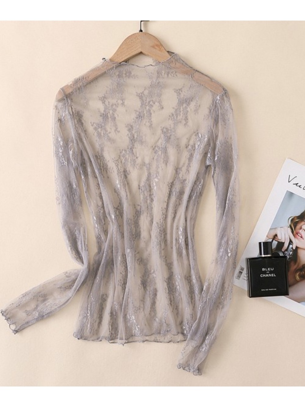 ShopEvelynne Sheer Lace Long-Sleeve Top in Light Gray